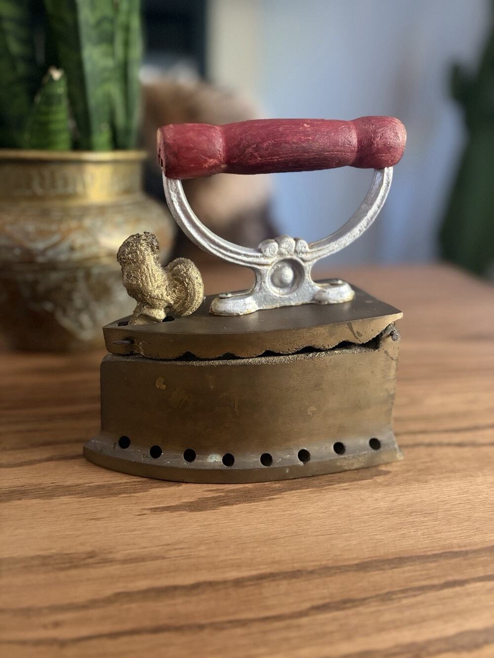 Antique Coal Iron Brass with Wooden Handle and Rooster